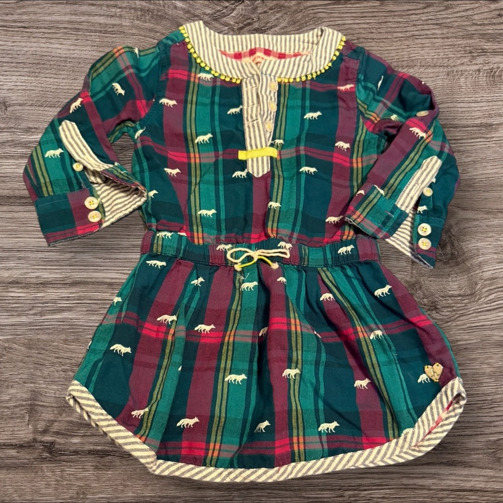 Hatley Girls Plaid Fox Print Dress Size 2 Long Sleeve Button Detail